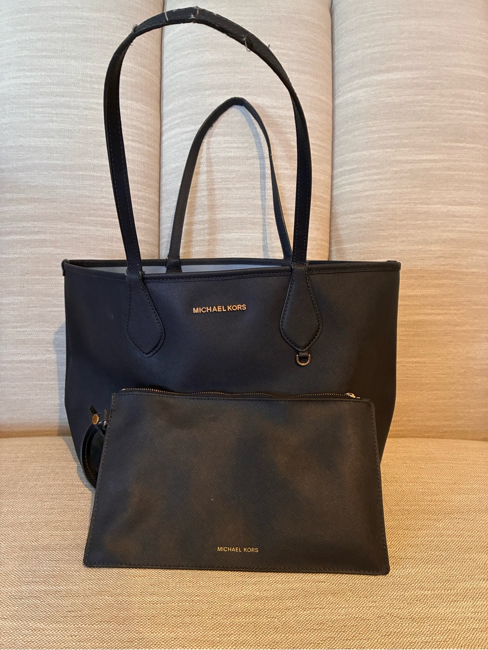 Michael Kors reversible Black Leather Tote with Matching Pouch